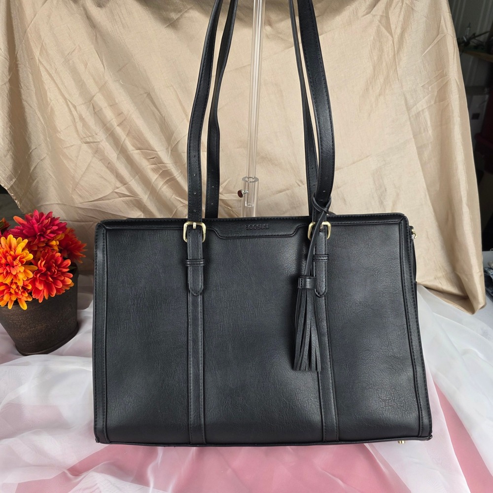 Ecosusi Black Vegan Leather Laptop Briefcase Tote Bag Gold Hardware Tassel